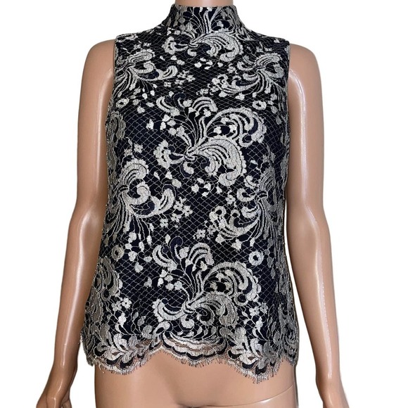 Talbots Sleeveless Black Silver/White Lace Floral Lined Formal Top SZ 4 zip up - Picture 2 of 10